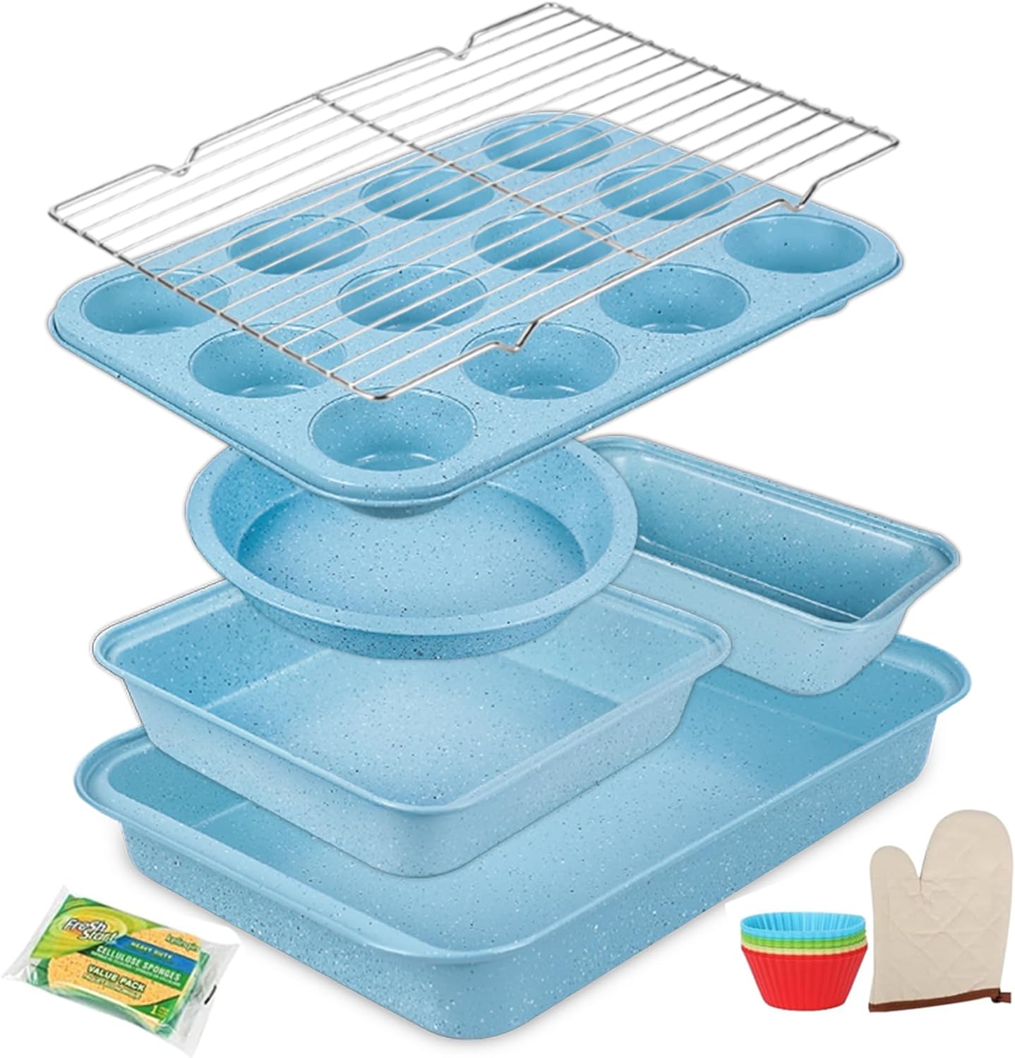6-Pieces Baking Pans Set Nonstick, Bakeware Sets Stackable, Carbon Steel Oven Baking Set Easy to Use, Unique Blue Baking Sheet Set for Kitchen
