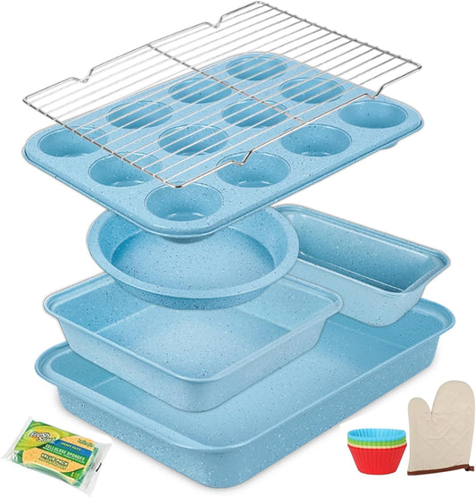 6-Pieces Baking Pans Set Nonstick, Bakeware Sets Stackable, Carbon Steel Oven Baking Set Easy to Use, Unique Blue Baking Sheet Set for Kitchen