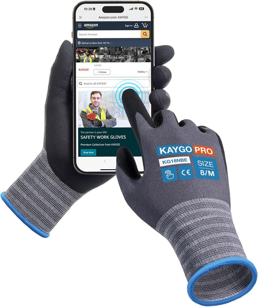 KAYGO Safety Work Gloves MicroFoam Nitrile Coated, 3 Pairs KG18NB,Seamless Knit Nylon Glove with full fingers Touchscreen, Ideal for Automotive,Warehouse,Construction (Gray,Medium)