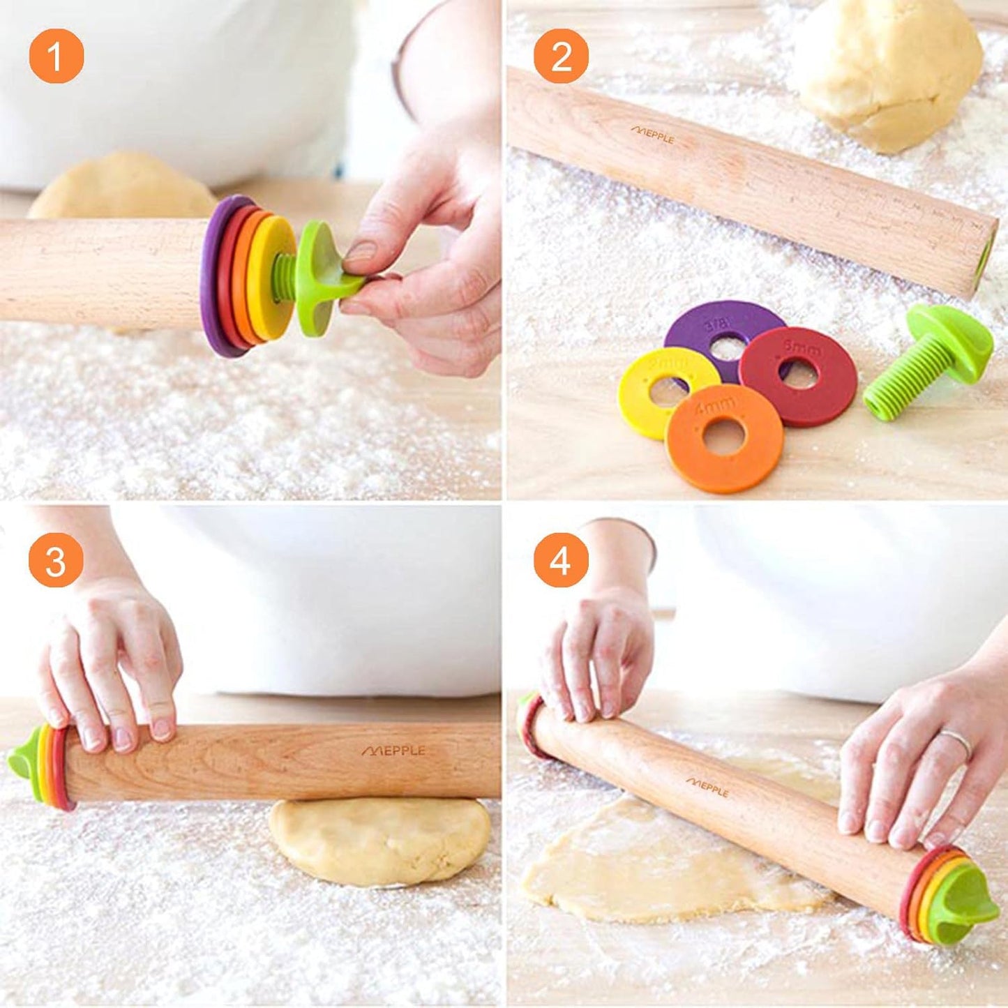 Rolling Pin with Thickness Rings and Pastry Baking Mat, 13.6" Adjustable Wooden Rolling Pin Dough Roller for Baking Cookie Pizza, Comes with Large Silicone Pastry Mat, Kitchen Baking Tools