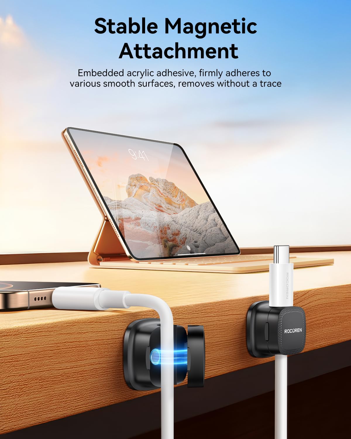 12 Pack Cable Management Cord Organizer,Magnetic Cable Clips-1s Lock,Rocoren Desk Adhesive Cord Cable Clip Wire Holder Keeper for Phone Charger Wire,Nightstand,Car,Office,Desktop Accessory,Black