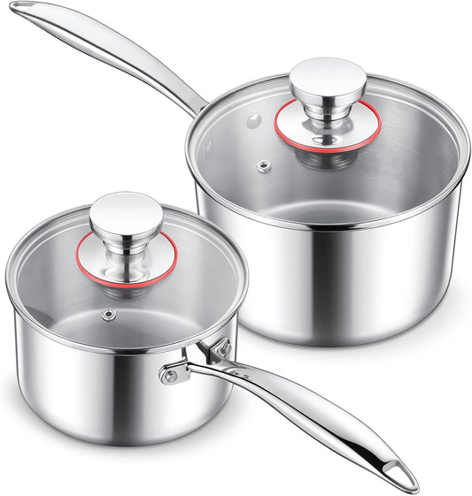 E-far Stainless Steel Saucepan Set - 1Qt & 2 Qt, Triply Sauce Pan Pot with Lid for Cooking Pasta Warming Milk Boiling Water, Small Metal Cookware for Kitchen, Induction Ready & Heavy Duty
