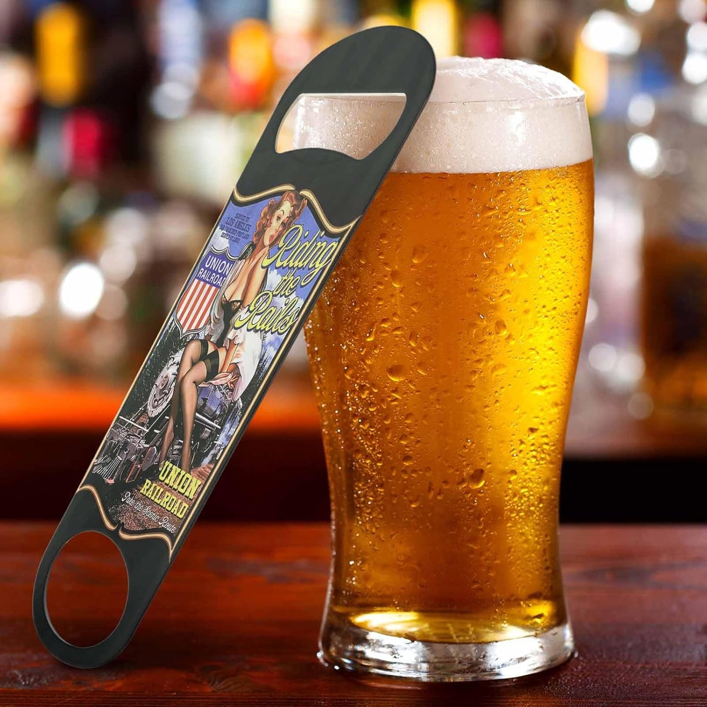Riding The Rails Pin Up Girl Stainless Steel Bottle Opener Cute Woman with Train Union Railroad Flat Beer Bottle Opener Keychain for Home Kitchen Bar Restaurant Party Birthday Gift