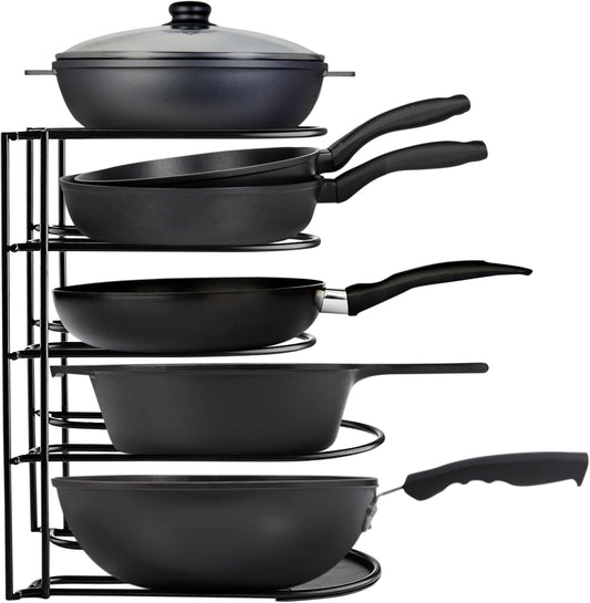 Heavy-Duty Pots and Pans Organizer | 5-Tier Cookware & Lid Storage Rack | Free-Standing or Wall-Mount | Kitchen Organizer for Cast Iron Skillets, Pots, Frying Pans, Lids | Black