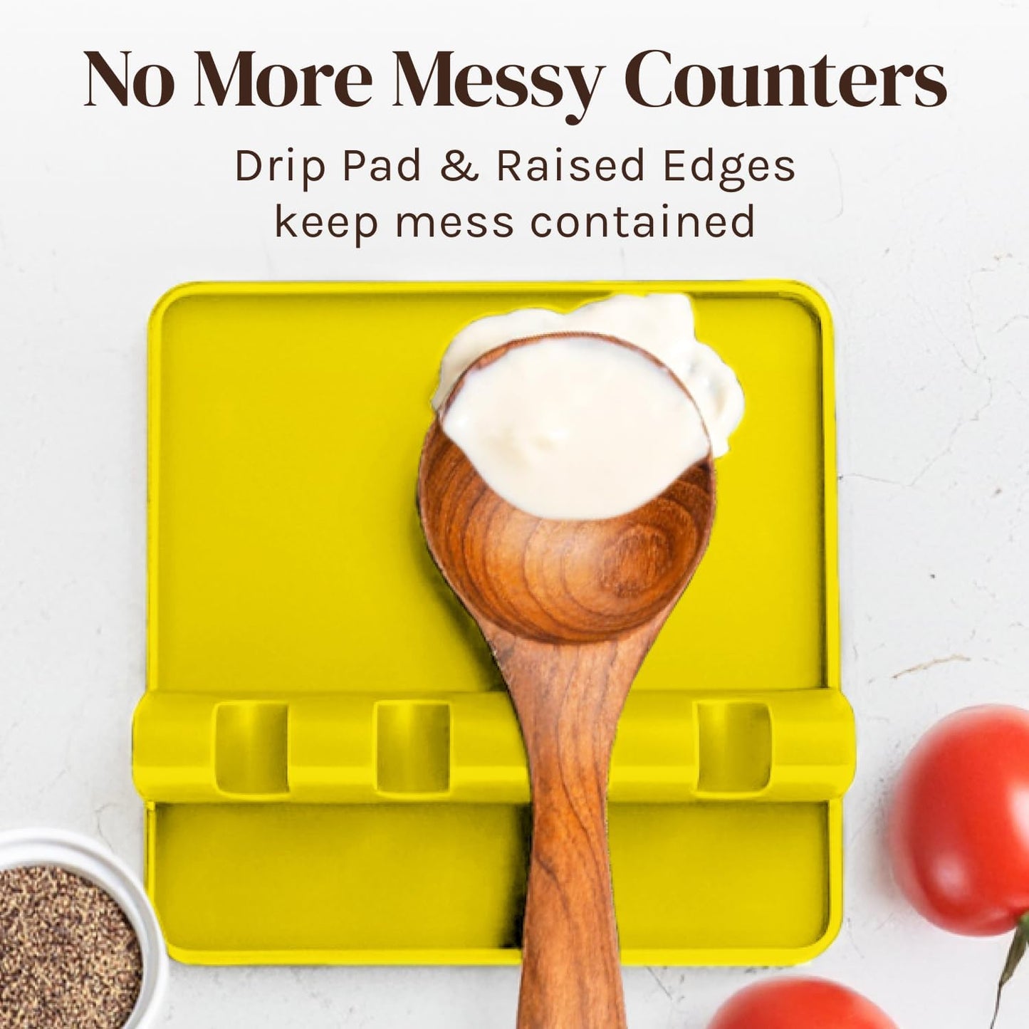 Silicone Spoon Rest for Stove Top with Drip Pad (Two Pack) - Heat Resistant BPA Free Utensil Rest & Spoon Holder for Kitchen Counter - Grill Utensil Holder - Spatula Holder, Tongs, Ladle - Yellow