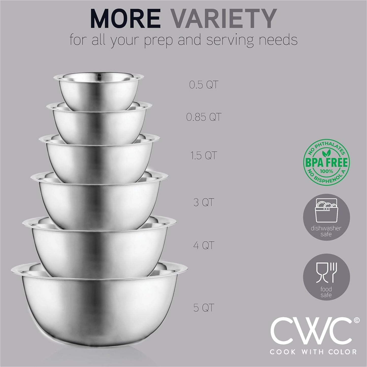 COOK WITH COLOR Stainless Steel Mixing Bowls Set - Nesting Bowls, 6 Pieces, Silver