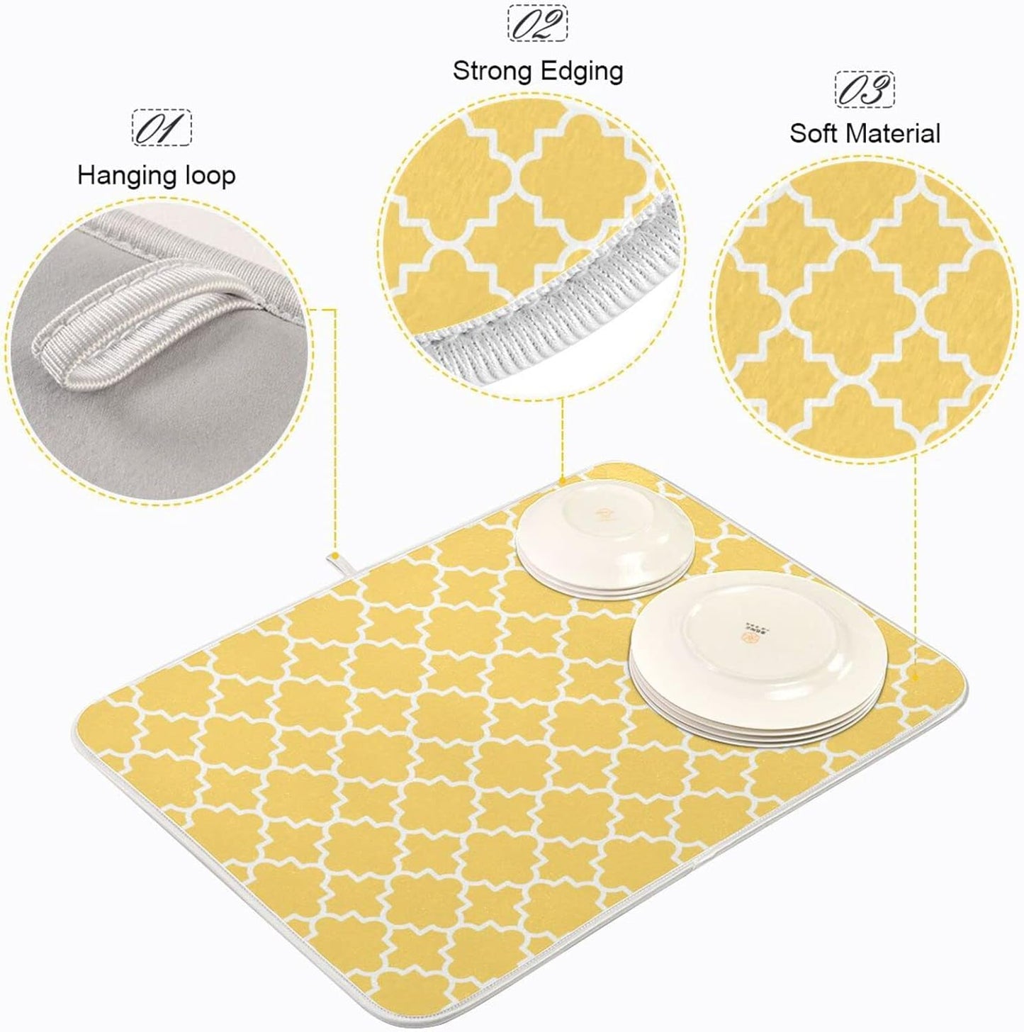 senya Super Absorbent Dish Drying Mat, Microfiber Fast-Drying Dish Mat, 16/'' x 18/'', Kitchen Dish Drying Pad, Quatrefoil Lattice Yellow Pattern, 16x18in