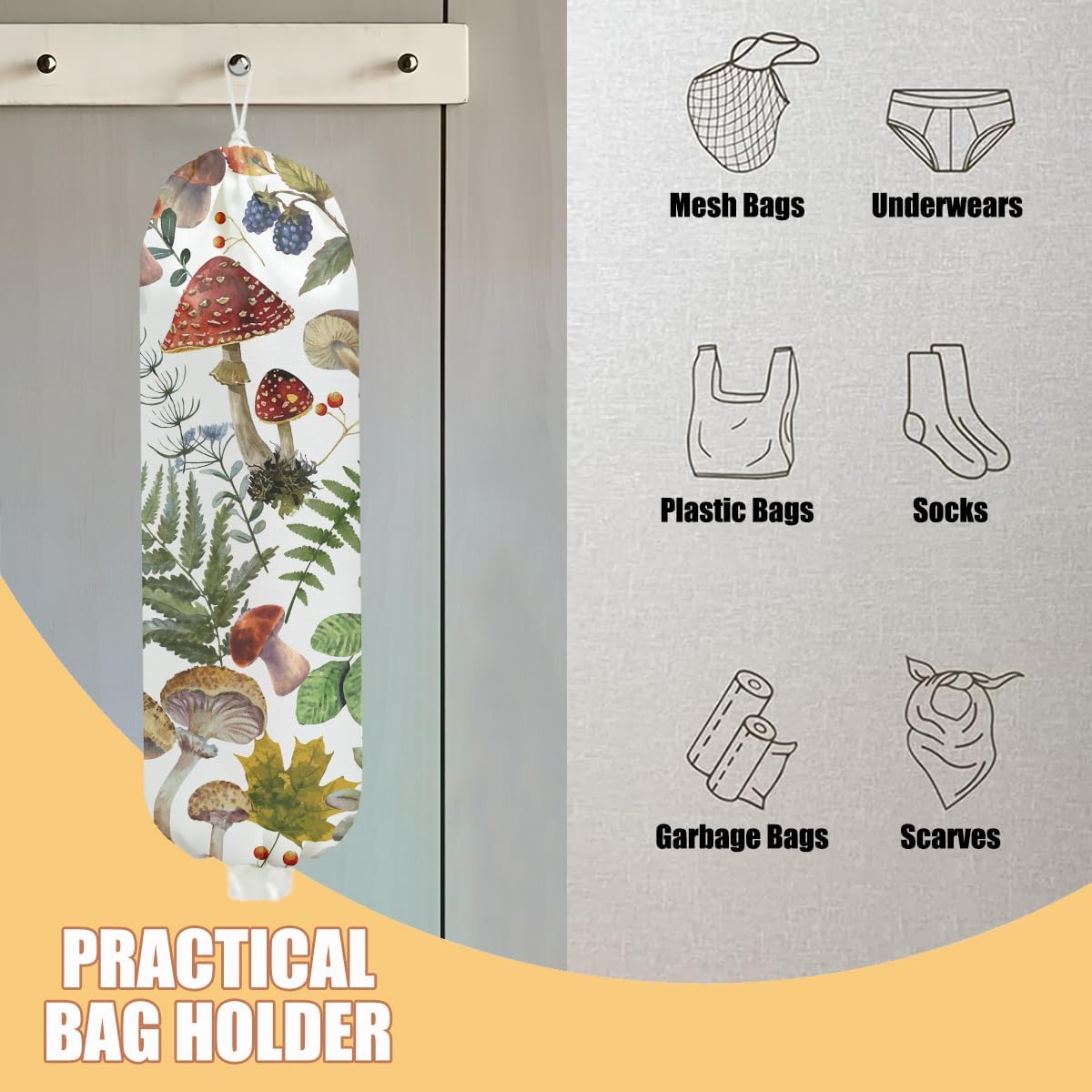 2 Pcs Mushroom Plastic Bag Holder for Kitchen Essentials, Floral Butterfly Grocery Bag Holder Plastic Storage bag, Washable Shopping Bags Storage Dispenser for Home Kitchen, Mushroom Gifts for Women