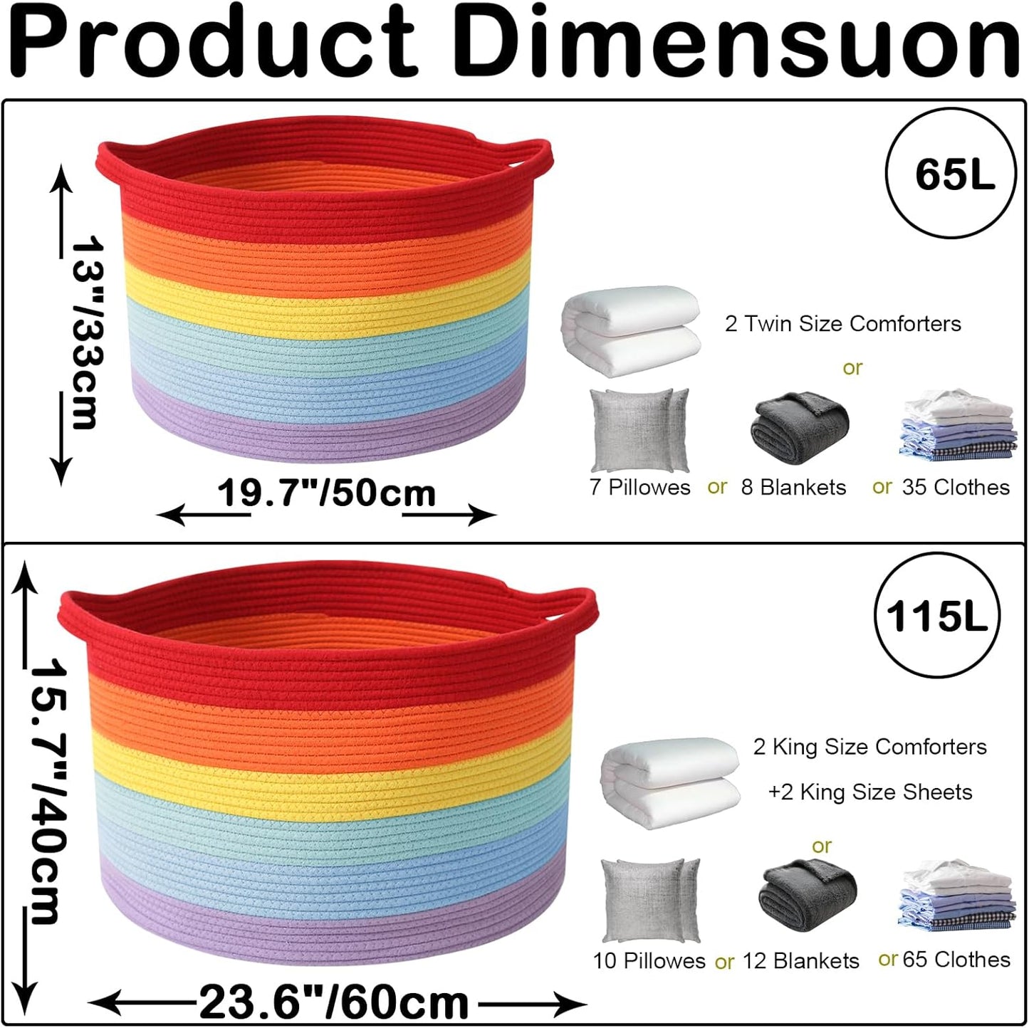 Large Blanket Basket for Organizing,65L Closet Organizers and Storage Bins Box for Shelves Woven Rope Storage Baskets,Living Room,Bedroom,Dorm,Laundry room (Rainbow)