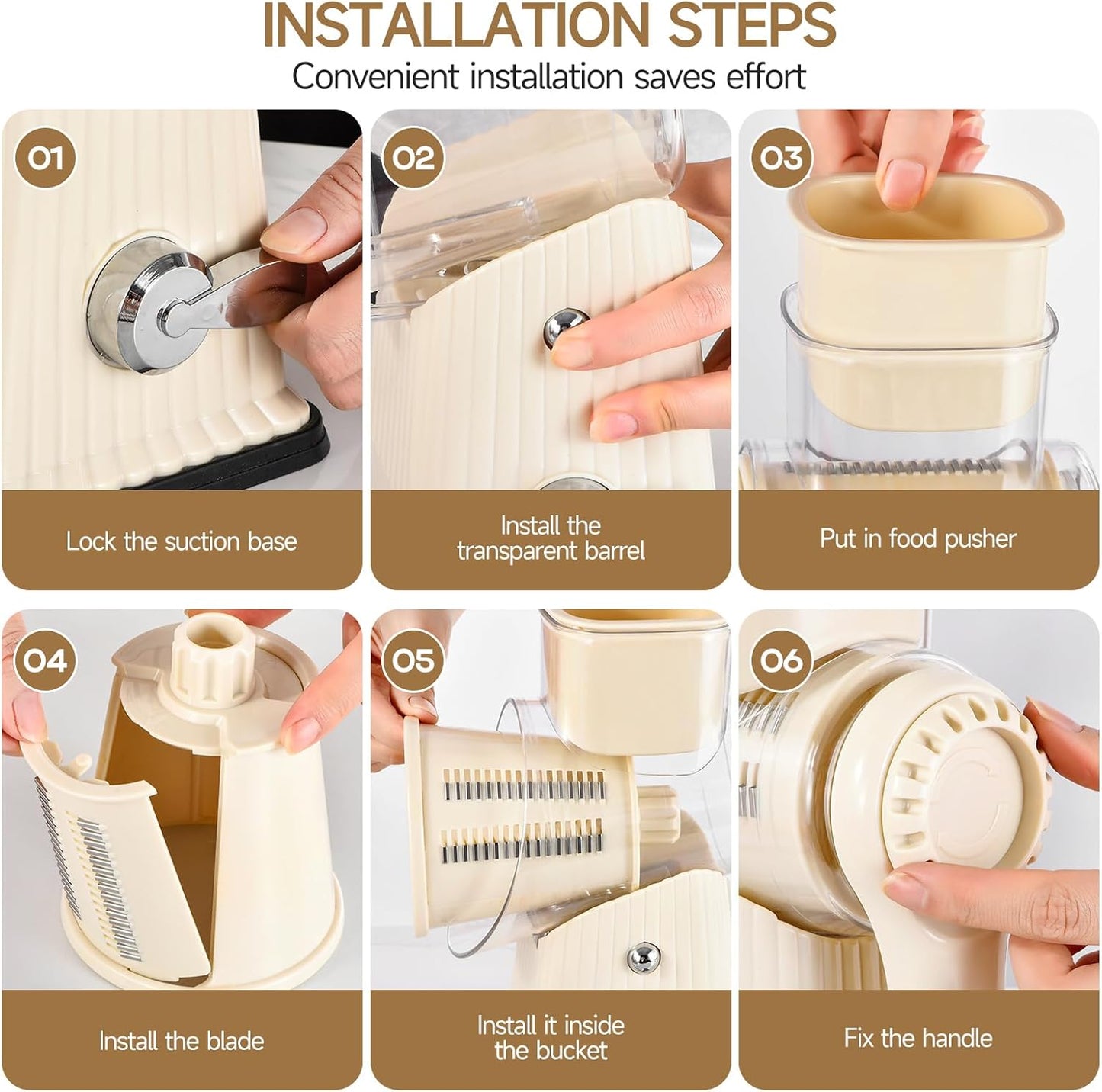 RotaryCheese Grater,VegetableShredder 5 in 1 Cheese Grater with HandleedderReinforcedSuction,EasytoClean,KitchenChopperforCrushedIce,Fruits and Nuts with Blade Storage Case（White