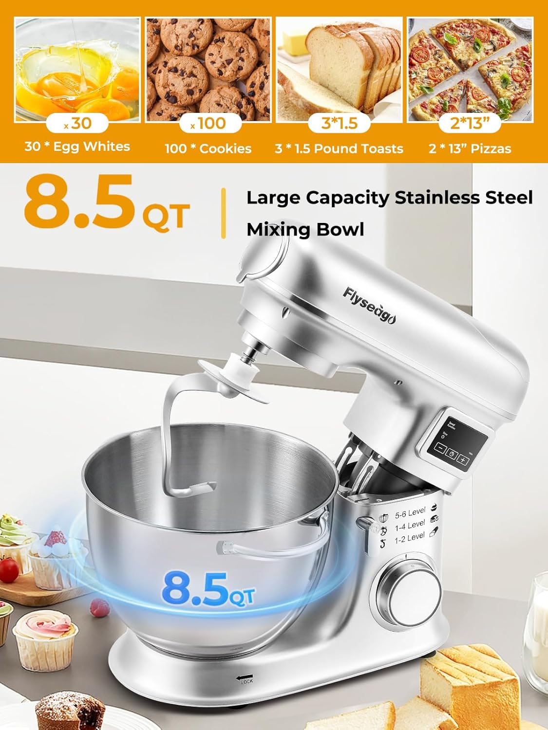 Stand Mixer 8-IN-1 8.5 Qt 2000W Multifunctional Fermentation Electric Kitchen Mixer 6 Speed Tilt-Head with Stainless Steel Bowl, 1.5L Glass Jar Meat Grinder Dough Hook Whisk Pasta Attachment
