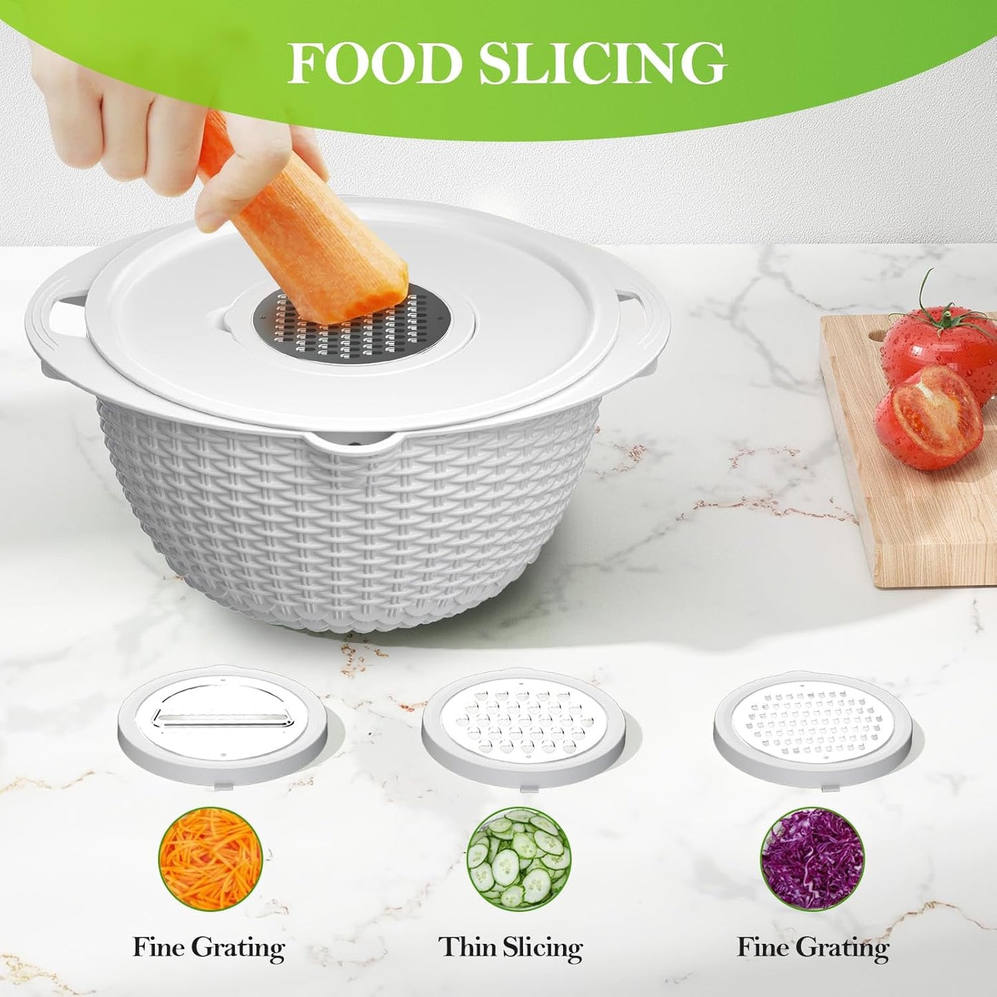 4-1 Colander with Bowl Set - Colander for Kitchen - Strainers and Colanders - Pasta Strainer - Fun Kitchen Presents - Rice Strainer Fruit Cleaner Veggie Wash Cooking Presents, White