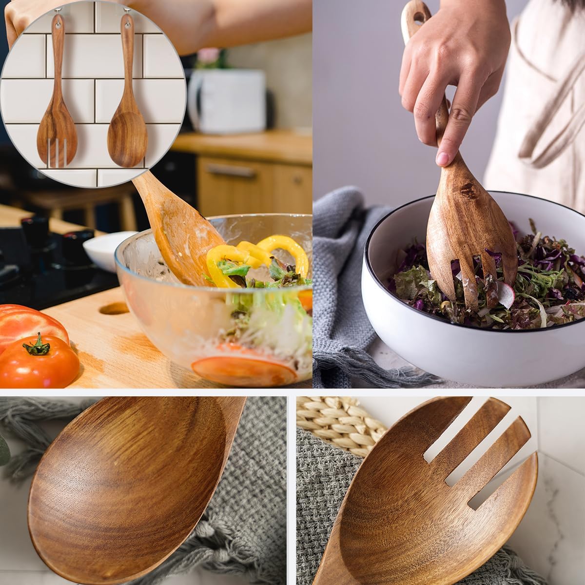 13-Inch Teak Wood Salad Serving Spoon Pack of 2, Wood Cooking Spoons, Large Wooden Spoons for Cooking, Large Serving Spoons, Teak Wooden Salad Spoon Set