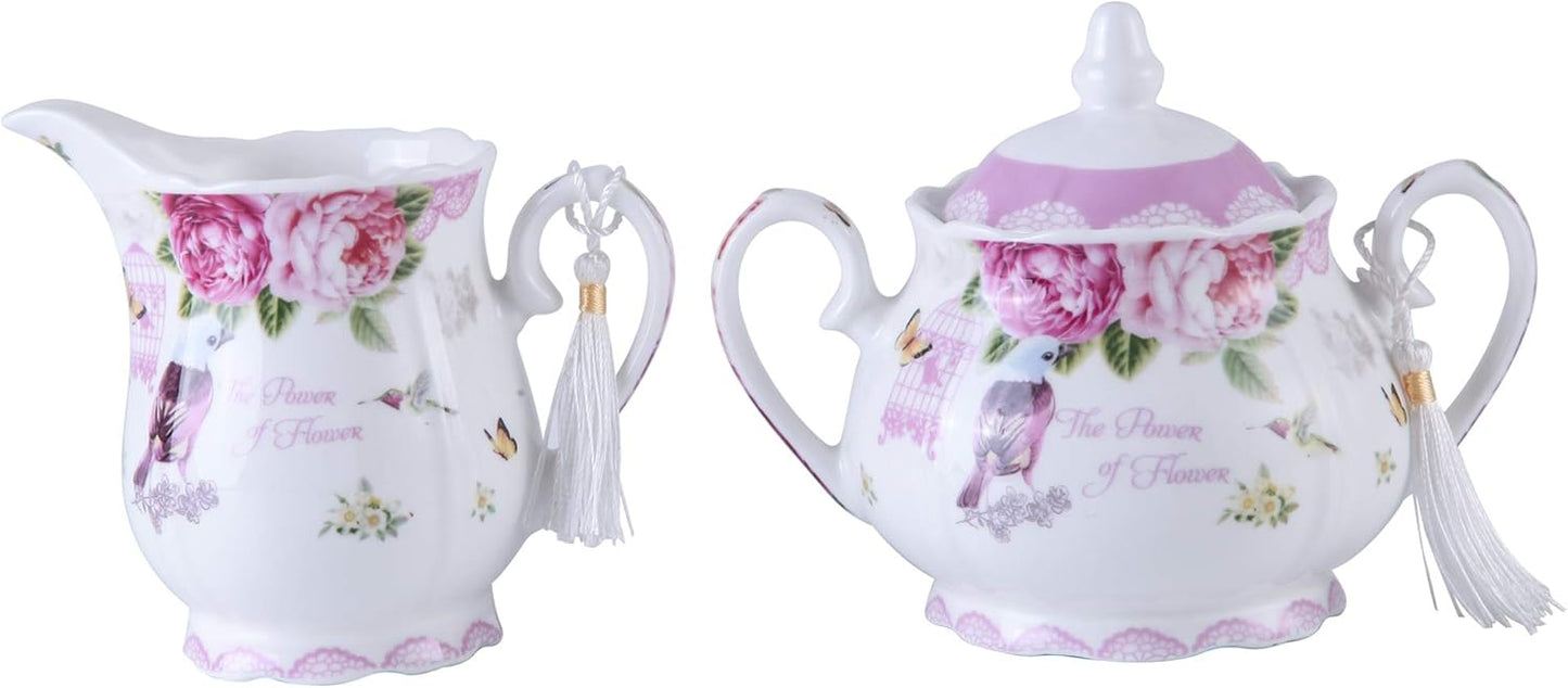 London Boutique Porcelain Teapot Sugar Bowl and Cream Milk Jug Shabby Chic Vintage Floral in Gift box 40oz (Cream & Sugar Set Bird Rose Butterfly)