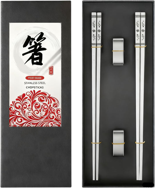Metal Chopsticks Reusable 2 Pairs: Stainless Chopstick with Two Holders Set ,Dishwasher Safe,Non-Slip,Gift Box Packaging,Laser Engraved,Japanese Chinese Korean Chop Sticks for Cooking Eating