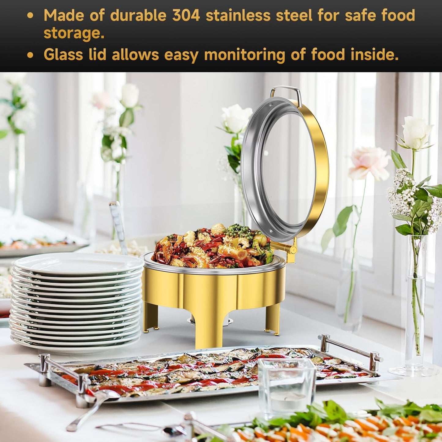 Chafing Dishes for Buffet, 6QT Round Stainless Steel Chafing Dish with Transparent Hydraulic Lid, 304 Food Pan, Buffet Warmer for Parties and Events (Golden)