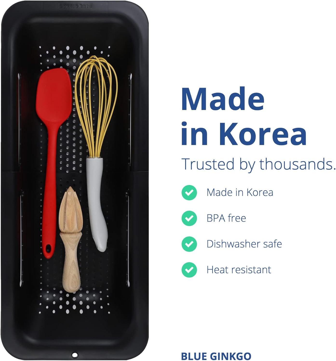 BLUE GINKGO Over the Sink Colander Strainer Basket - Wash Vegetables and Fruits, Drain Cooked Pasta and Dry Dishes - Extendable - New Home Kitchen Essentials - Black