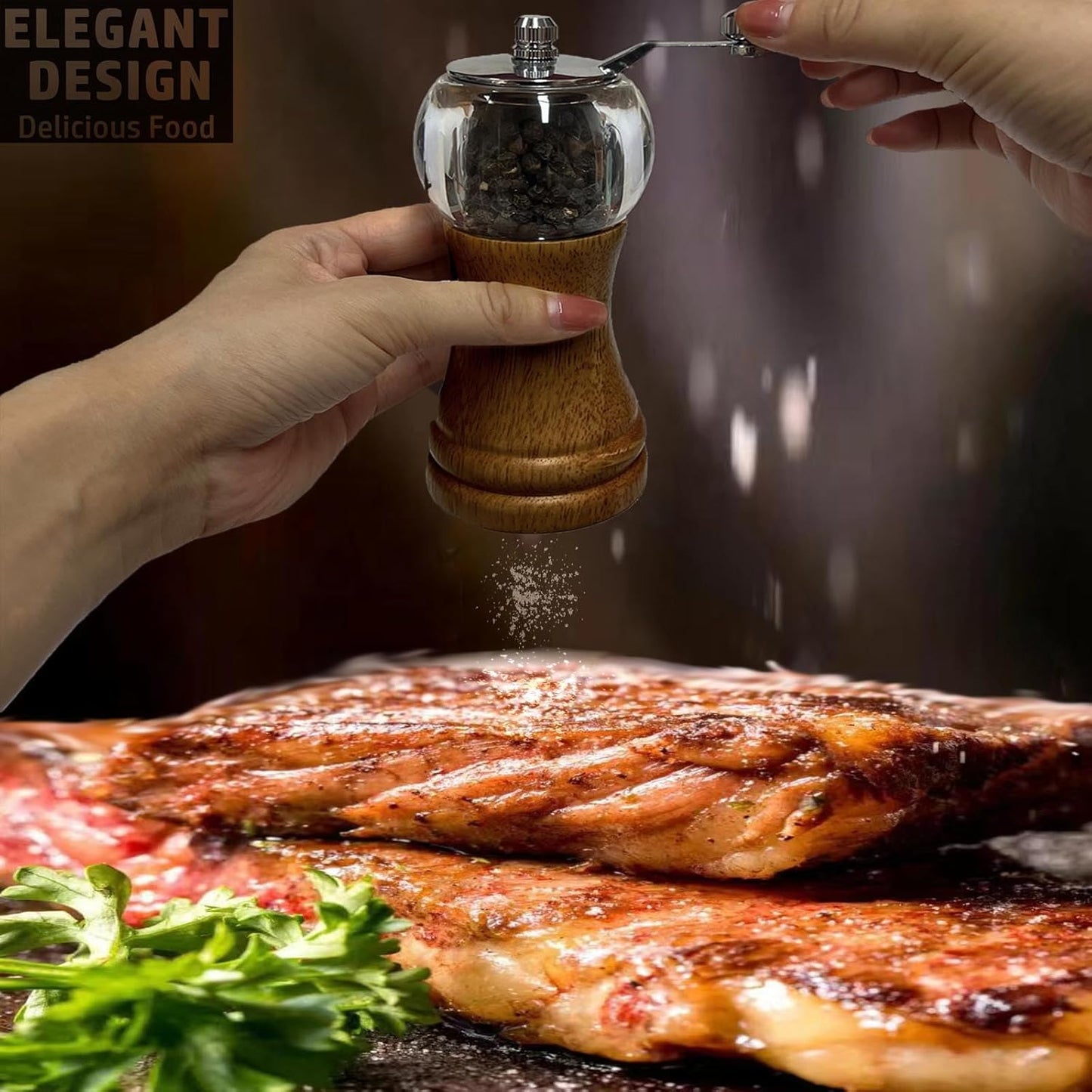 Pepper Grinder Set Classical Hand Shake Wood Manual Pepper Grinder, Setrefillable Wooden & Acrylic grinder,Ceramic Blades metal handle tools, Enjoy Fresh Ground Pepper Salts & spices 2PCS-6IN