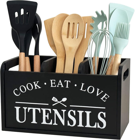 Solid Wood Farmhouse Cooking Utensils Organizer: Large Countertop Utensil Holder, 3 Compartments - Black