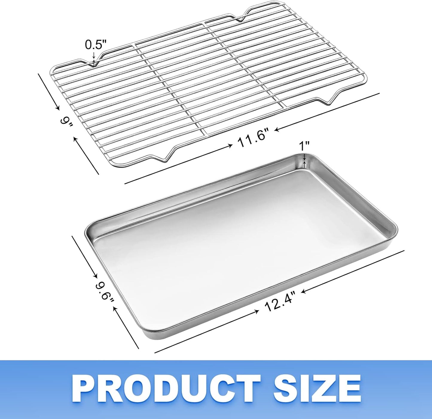 Baking Sheet with Wire Rack Set, Stainless Steel Cookie Sheet Baking Pan Toaster Oven Tray with Cooling Rack, 12.4 x 10 x 1 Inch Quarter Sheet Pan - Non Toxic & Dishwasher Safe