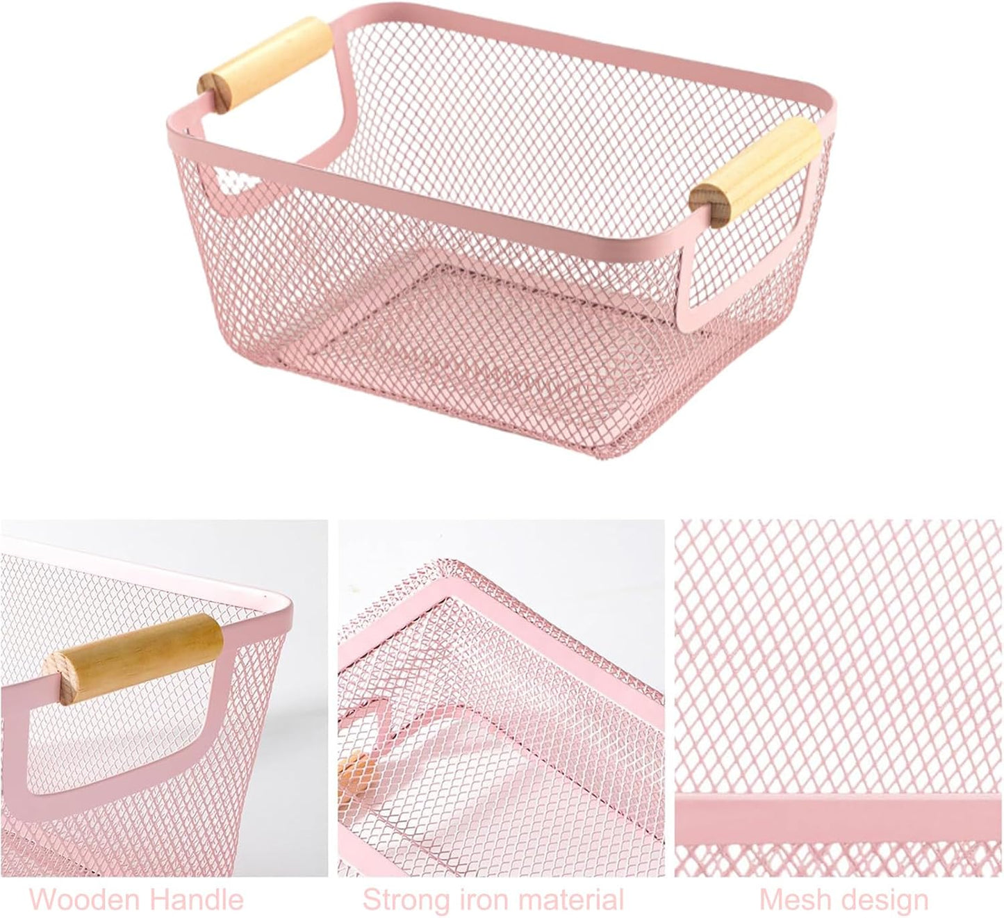 Metal Mesh Steel Basket, Small Wire Storage Organizer Baskets Multi-function Hanging Kitchen Basket with Wood Handle for Kitchen Bathroom Picnic Home, Rectangle-Pink