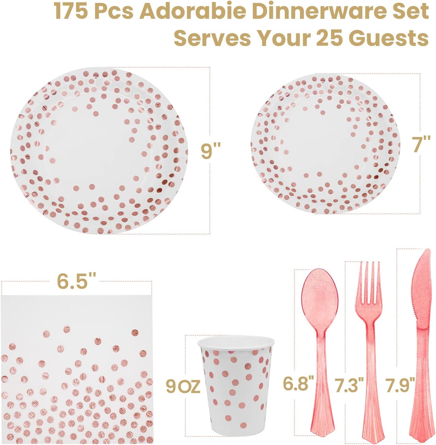 AIRE 175Pcs White Rose Gold Paper Plates Dinnerware Sets for 25 Guests, Party Supplies Disposable Paper Party Plates Napkins Cups Plastic Forks Knives Spoons For Birthday Baby Shower Wedding New Year