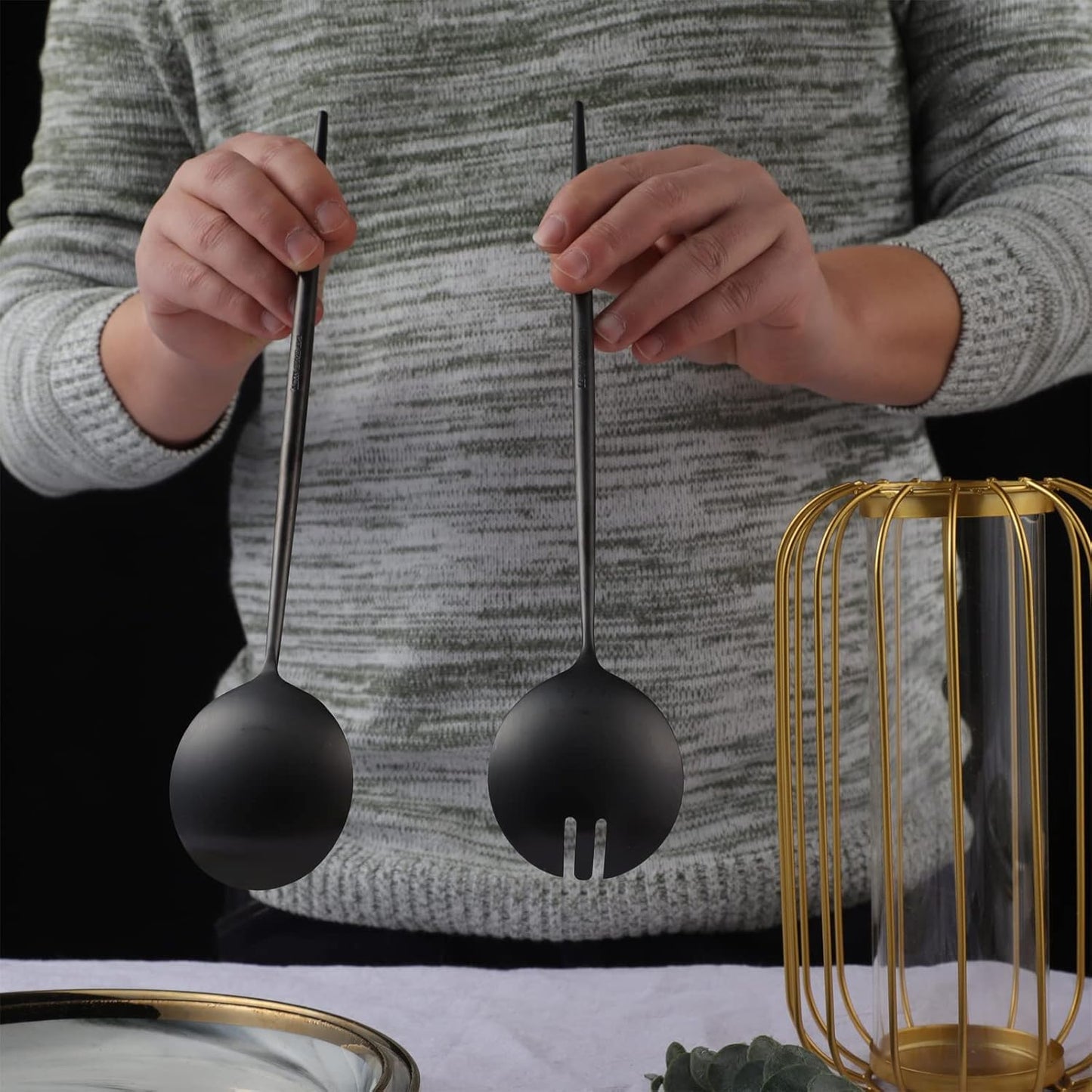 Salad Servers,Spoon and Fork Set 11.41 inch,18/10 Stainless Steel Salad Serving Titanium Plating (Black)