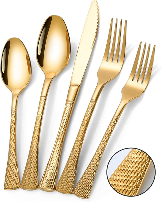 Hammered Gold Silverware Set,20 Piece Modern Flatware Set Service for 4,Mirror Polished Stainless Steel Cutlery Set Utensil Set Tableware Set,Kitchen Knives Forks Spoons Set,Dishwasher Safe
