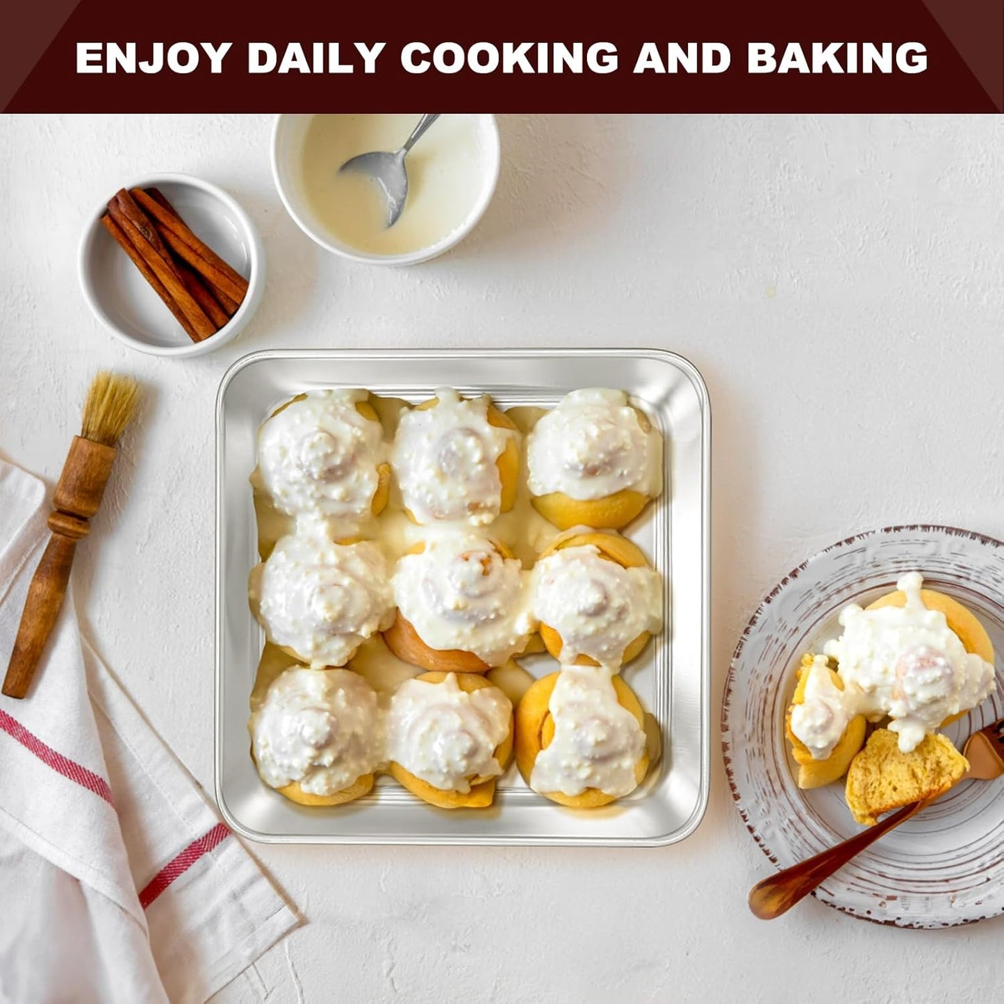 EWFEN 8 x 8 Inch Square Cake Pan, Stainless Steel Baking Pan for Lasagna Brownies Casseroles, Square Bakeware for Oven Cooking, Non-Toxic & Rust-resistant, Dishwasher Safe, 2 Pack