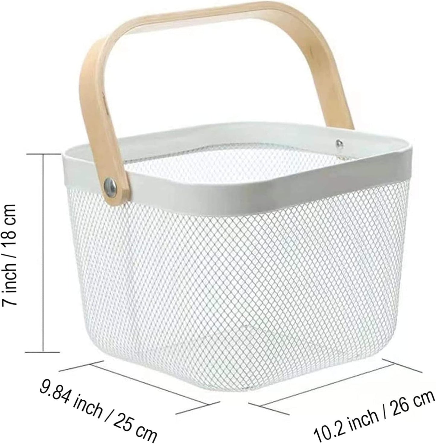 Metal Mesh Steel Basket, Storage Organizer Basket Multi-functional Hanging Kitchen Baskets Fruit Basket Bin with Bamboo Handle for Kitchen Bathroom Picnic Shopping Decor Cabinet Home, White