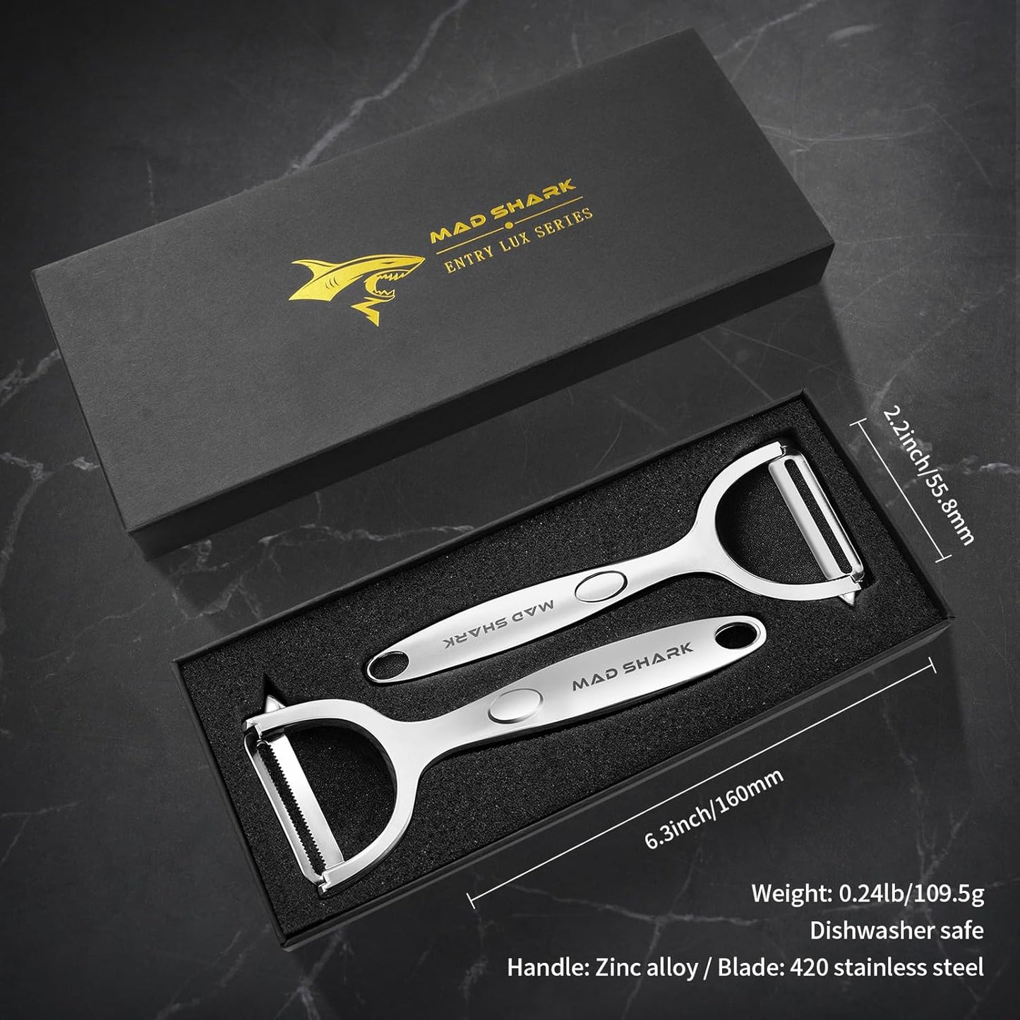 MAD SHARK Ultra Sharp Vegetable Peelers for Kitchen Fruit Apple Potato Peelers,Design with Ergonomic Non-Slip Handle, Y-Shaped Stainless Steel Serrated（Flat&Serrated Blade 2pc）