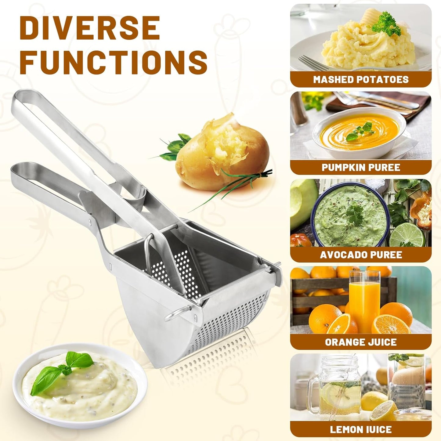 Heavy Duty Stainless Steel Professional Ricer for Mashed Potatoes and Ricer Kitchen Tool, Mash Potato Masher for Creamy Mashed Potatoes (Potato Ricer Set)