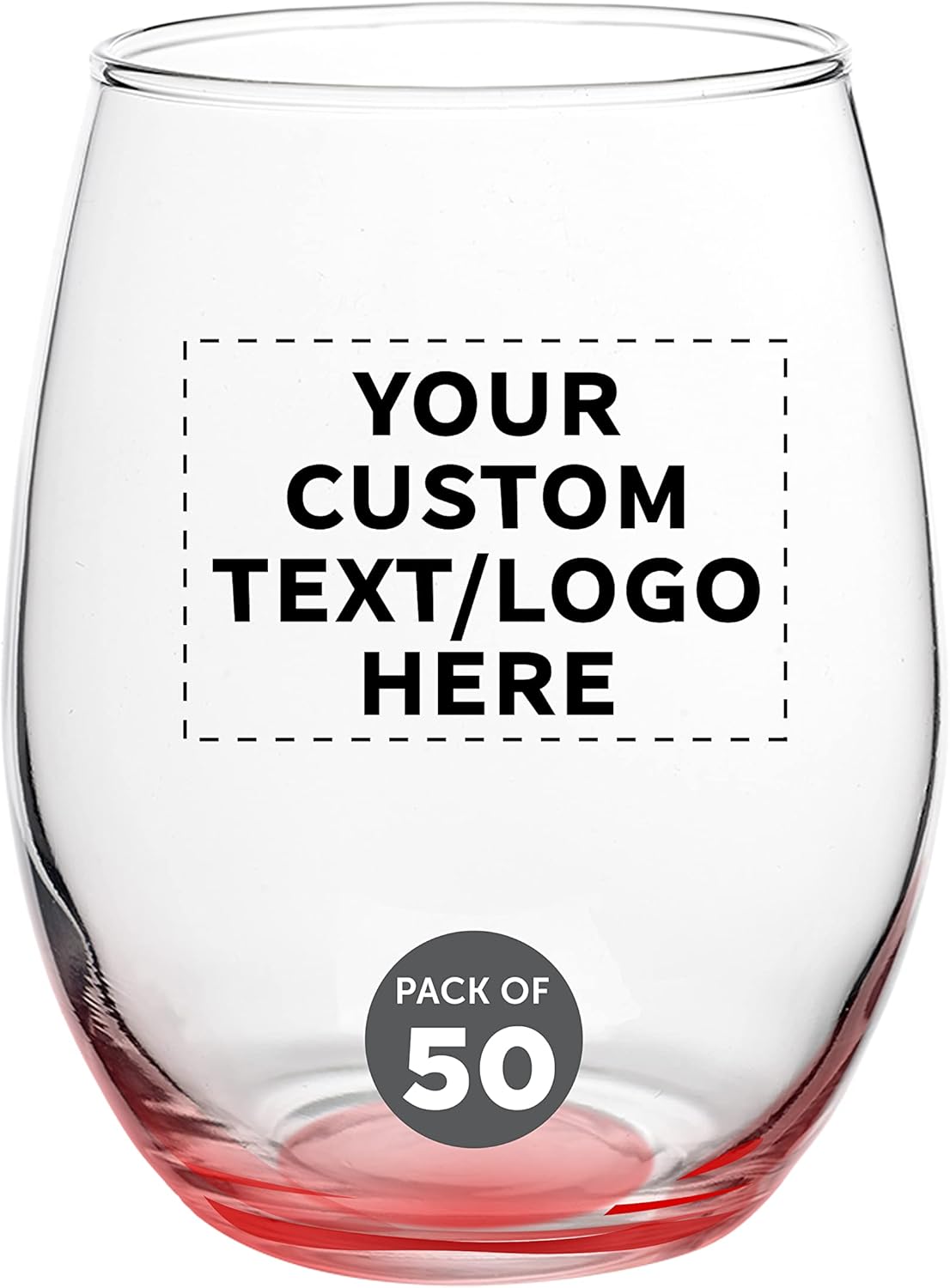 Custom Stemless Wine Glasses in Bulk by ARC Perfection, 15 oz, 50 pack, Personalized Text, Logo, Red or White Wine Glass Set, Red