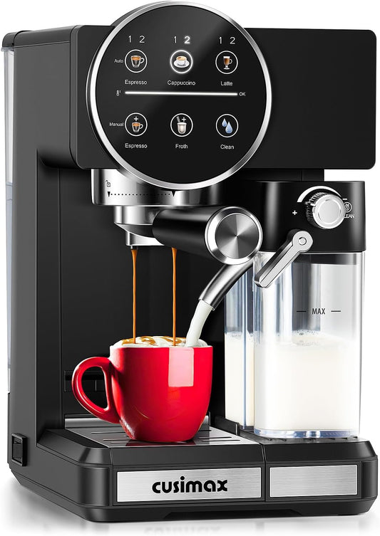 CUSIMAX Espresso Machine for Home, 20 Bar Expresso Coffee Machine,One-touch Control,Automatic Milk Frother,Compact Black Stainless Steel Cappuccino Machine,Ideal for Offices and Homes