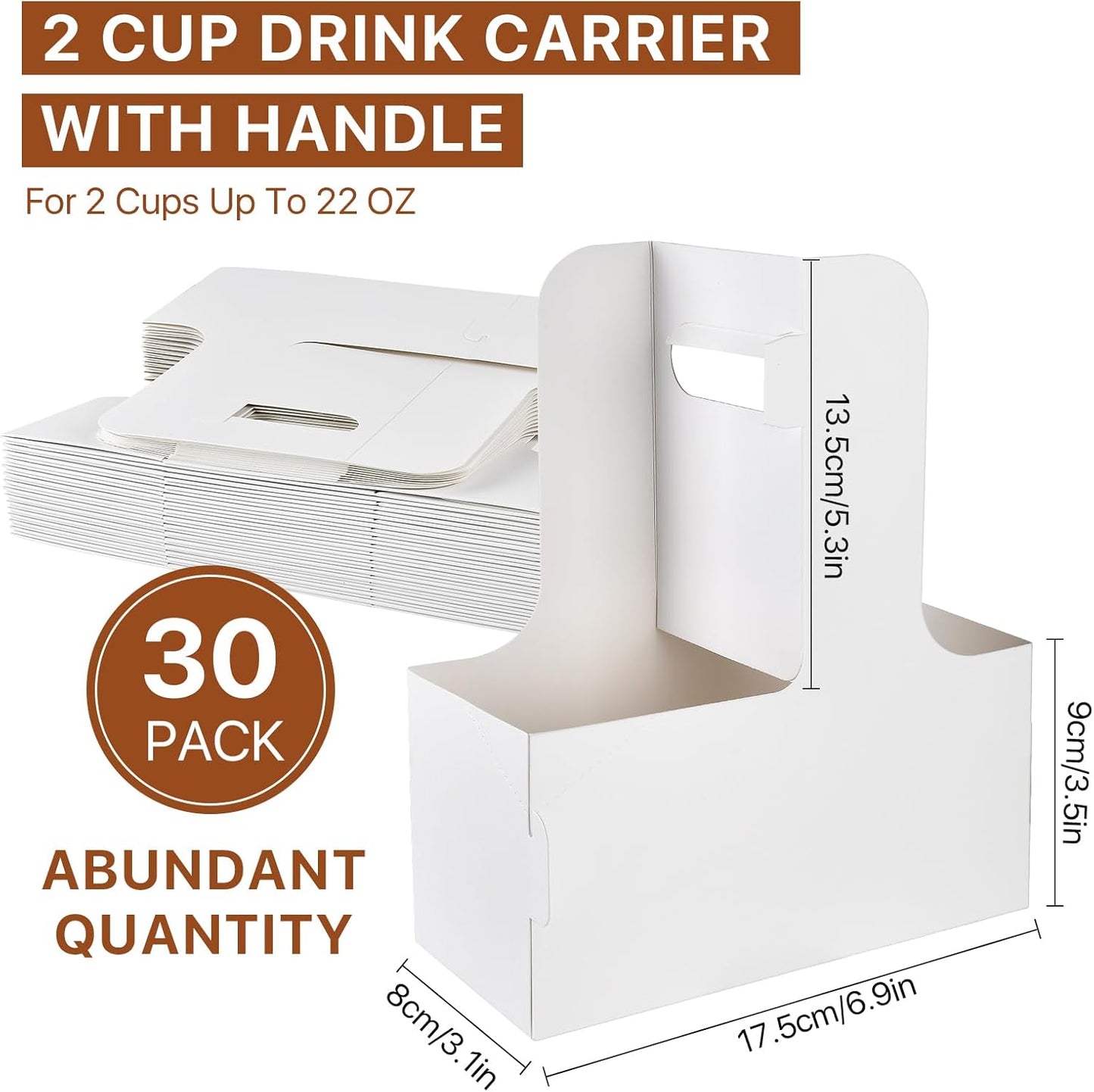 30 Pcs 2 Cup Drink Carrier with Handle, Disposable Cup Holder, White Cardboard to Go Coffee Cup Holder for Hot and Cold Drinks, Takeout, Cafe, Restaurant Food Delivery Service (12-20 oz)