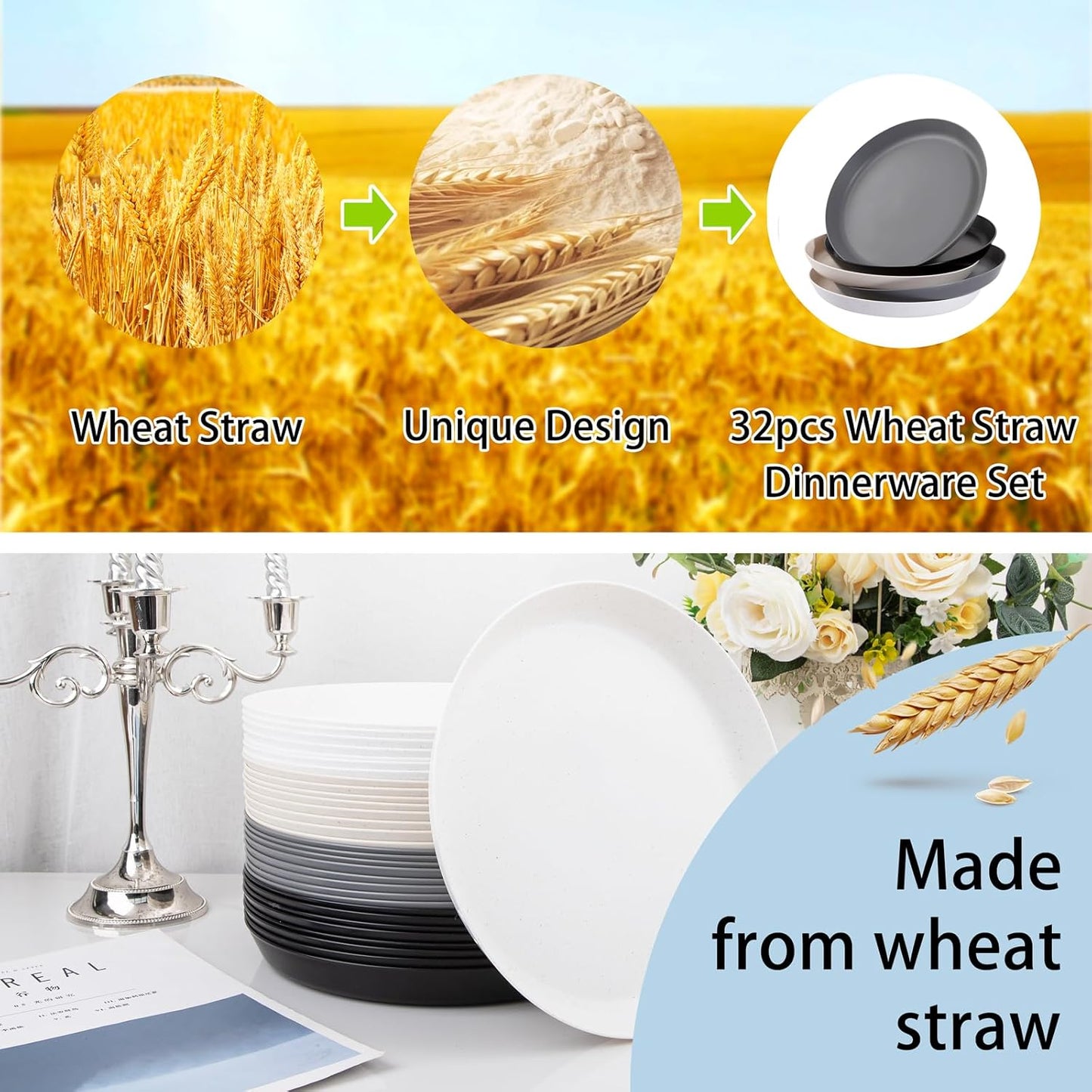 EI 16pcs Wheat Straw Dinner Plates Set,Unbreakable Plastic Plates,Reusable Lightwight Plastic Plate,Party Plate for Halloween,Family Dinners, Picnics, School-Black,White,Dark Grey,Beige
