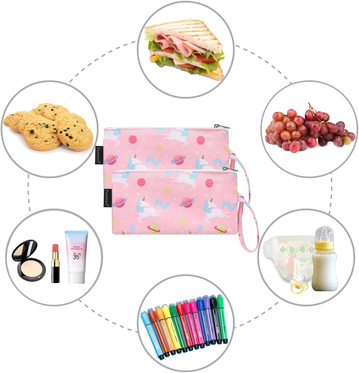 Reusable Sandwich Bag/Snack Bag for Kids & Adults, Dual Layer Lunch Bag with Handle, Washable, Food Safe, BPA Free (2-Pack, Planet Unicorn)