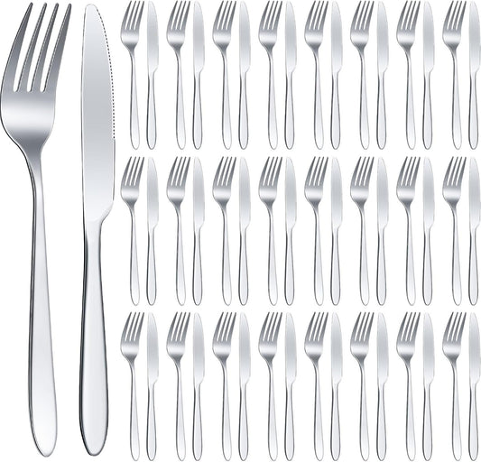 Nuenen 50 Pieces Stainless Steel Forks Silverware Set Dinner Forks and Knives Flatware Tableware Cutlery Set for Kitchen Restaurant(7.1 x 1 Inch, 8.4 x 0.7 Inch,Silver)