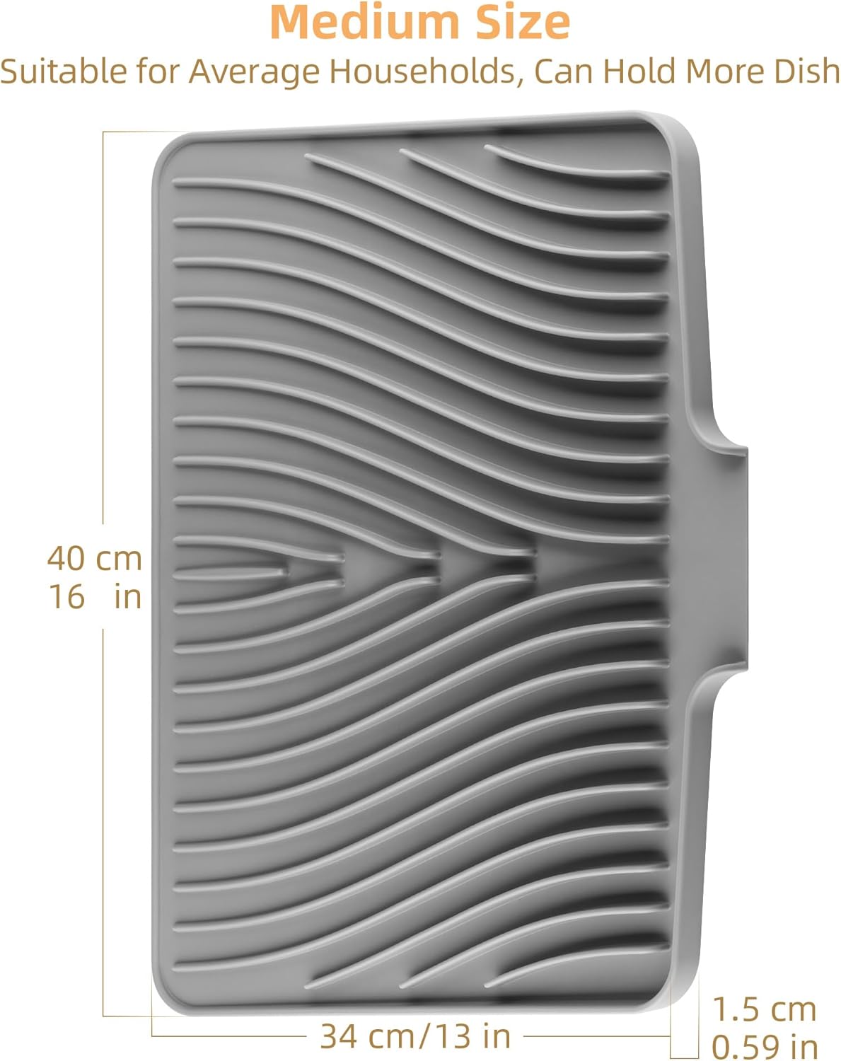 Fuyit Silicone Dish Drying Mat with Raised Drain Lip, Inclined Design, 16" x 13" Heat Resistant Non-Slip Mat for Kitchen Counter or Sink (Gray）