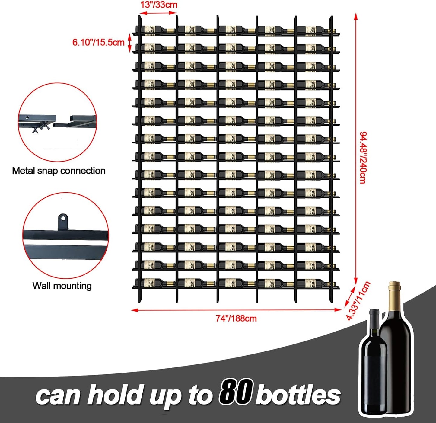 Wine Rack Freestanding Floor, 16 Tier 80 Bottle Capacity Display Holder, Industrial Wine Bottle Storage Shelves, for Any Bar, Wine Cellar, Kitchen, Dining Room (Brown, 5 Column)
