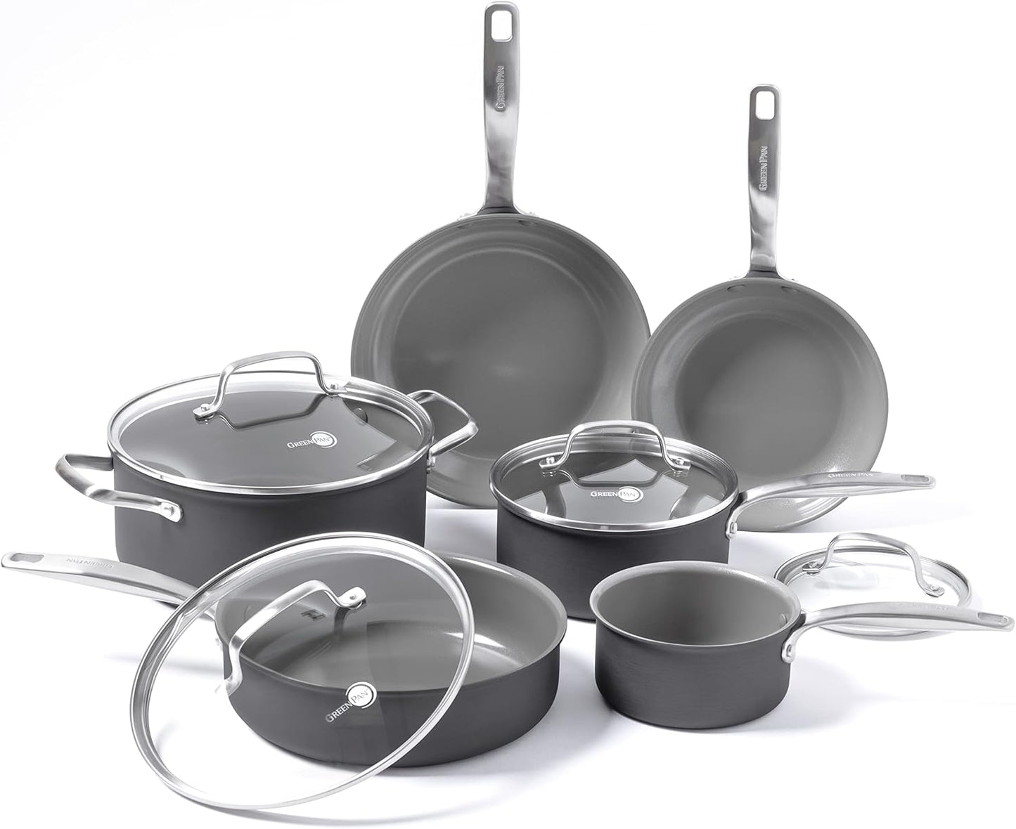 GreenPan Chatham Hard Anodized Healthy Ceramic Nonstick 10 Piece Cookware Pots and Pans Set, Frying Pan Skillets, Saucepans, Saute Pan, Stockpot, Lids, PFAS-Free, Dishwasher & Oven Safe, Gray