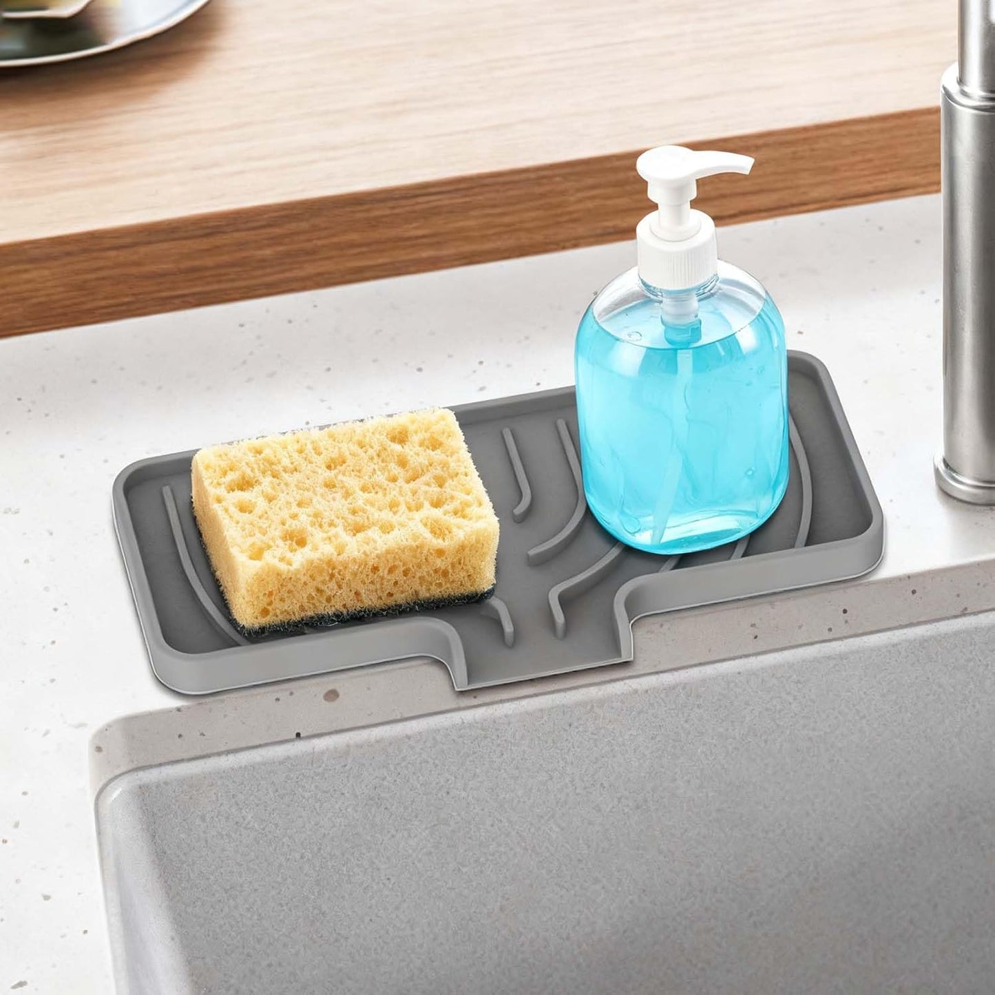 GUUKIN Silicone Sponge Holder, 9.8"×4.9" Sponge Holder for Kitchen Sink, Soap Tray with Drain, Dish Soap Mat for Shower Bathroom（Grey）