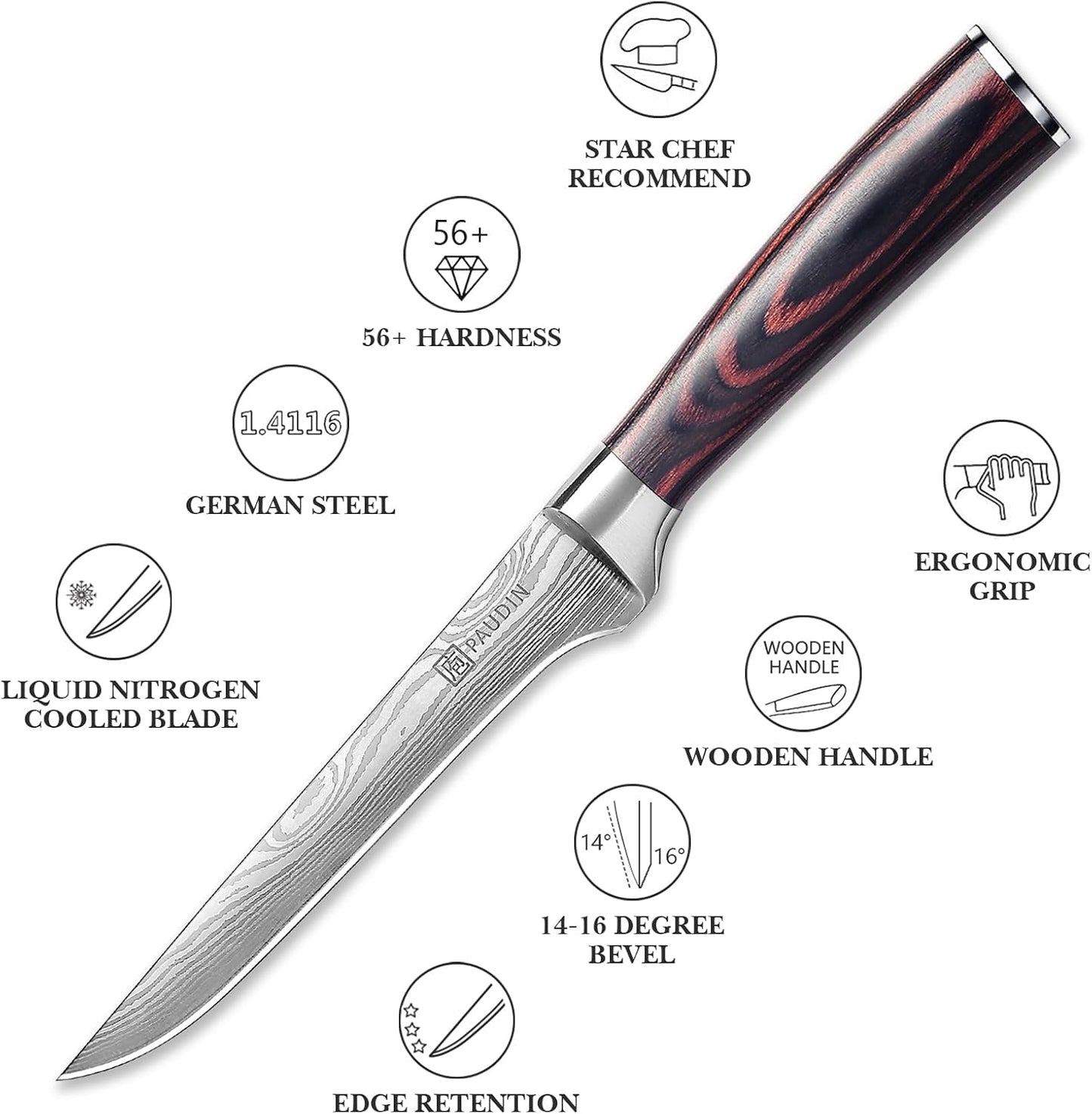 PAUDIN Boning Knife 6 Inch, Super Sharp Fillet Knife, German High Carbon Stainless Steel Deboning Knives, Professional Boning Knives for Meat Poultry Chicken, Pakkawood Handle with Gift Box