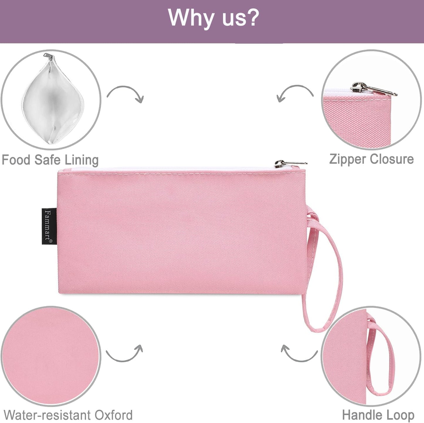 Reusable Sandwich Bag/Snack Bag for Kids & Adults, Dual Layer Lunch Bag with Handle, Washable, Food Safe, BPA Free (2-Pack, Pink)