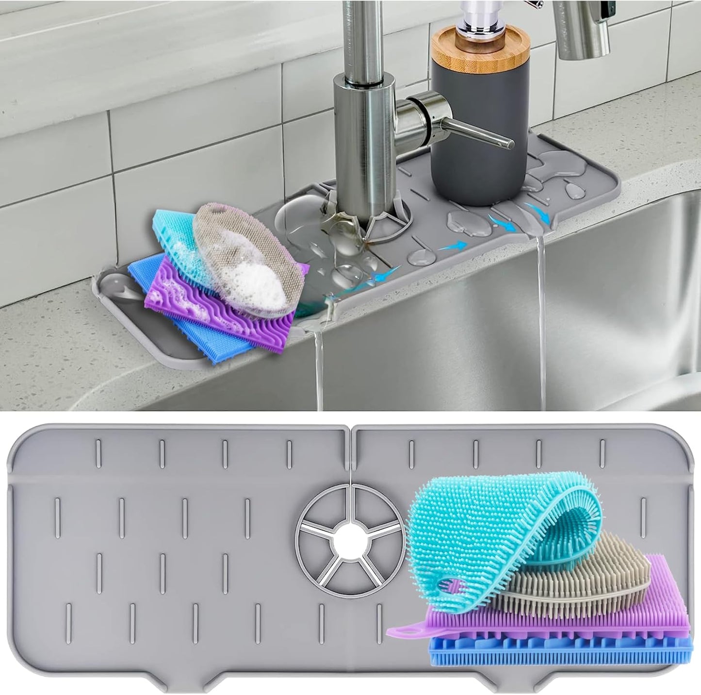 Faucet Mat for Sink - Silicone Scrubber Dish Set, Splash Guard, Food Grade BPA Free Kitchen Scrubber