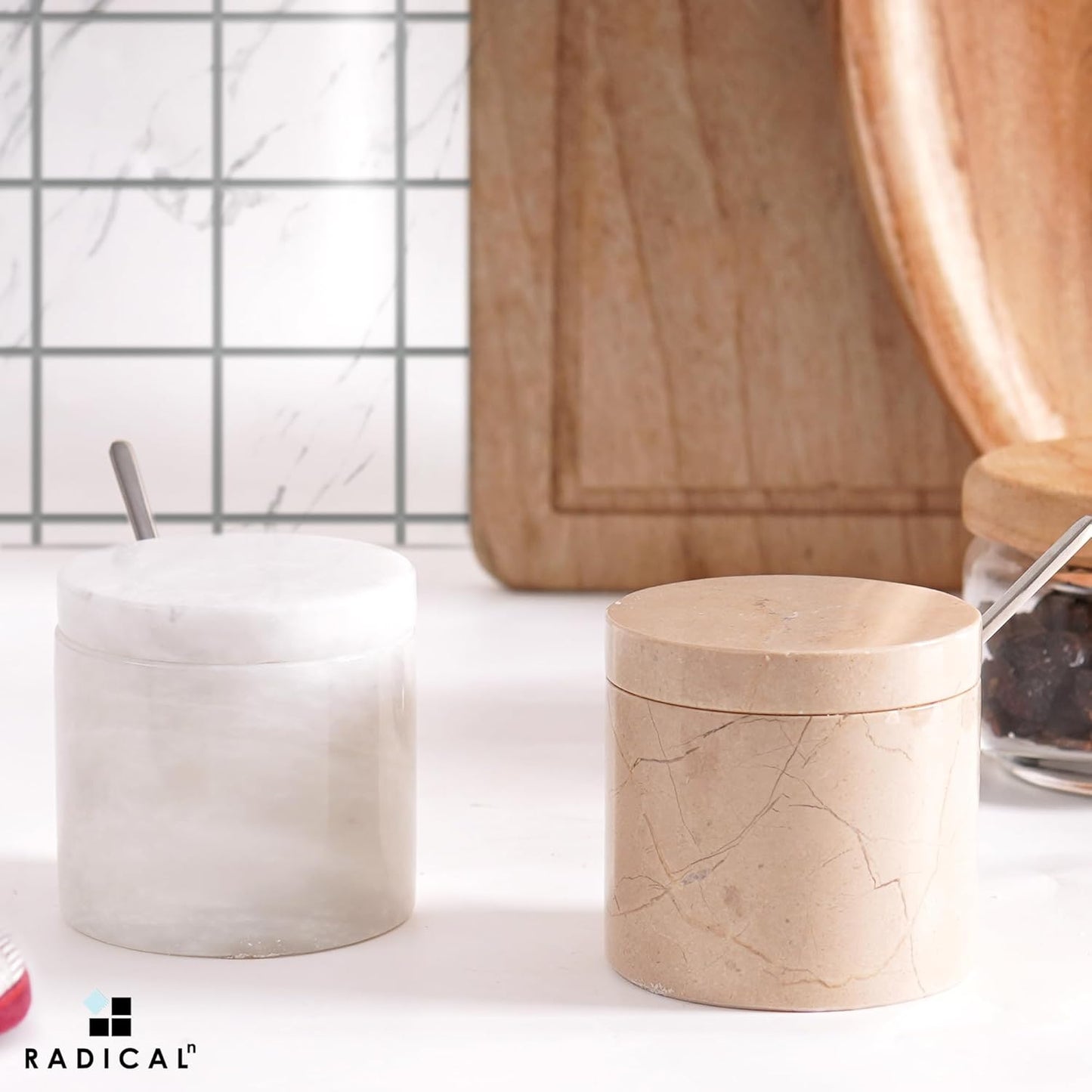 Radicaln Marble Salt Cellar With Lid and Tray 3" Inch White and Verona Set of 2 Salt Bowl & Spice Storage Container for Kitchen countertop, Ideal Sugar Bowl