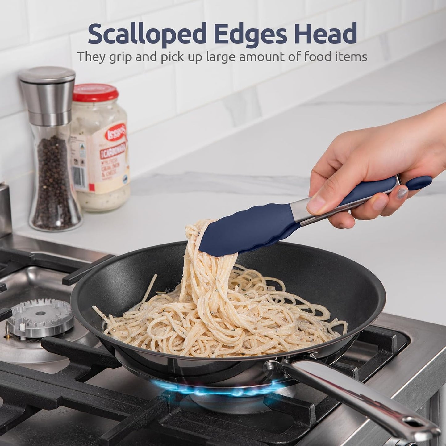 600ºF Heat Proof Kitchen Tong: U-Taste 7" Silicone Cooking Tong with Firm Sealed Non Stick Rubber Tips & Silicon Coated 18/8 Stainless Steel Handle & Smooth Locking for Serving Salad (Midnight Blue)