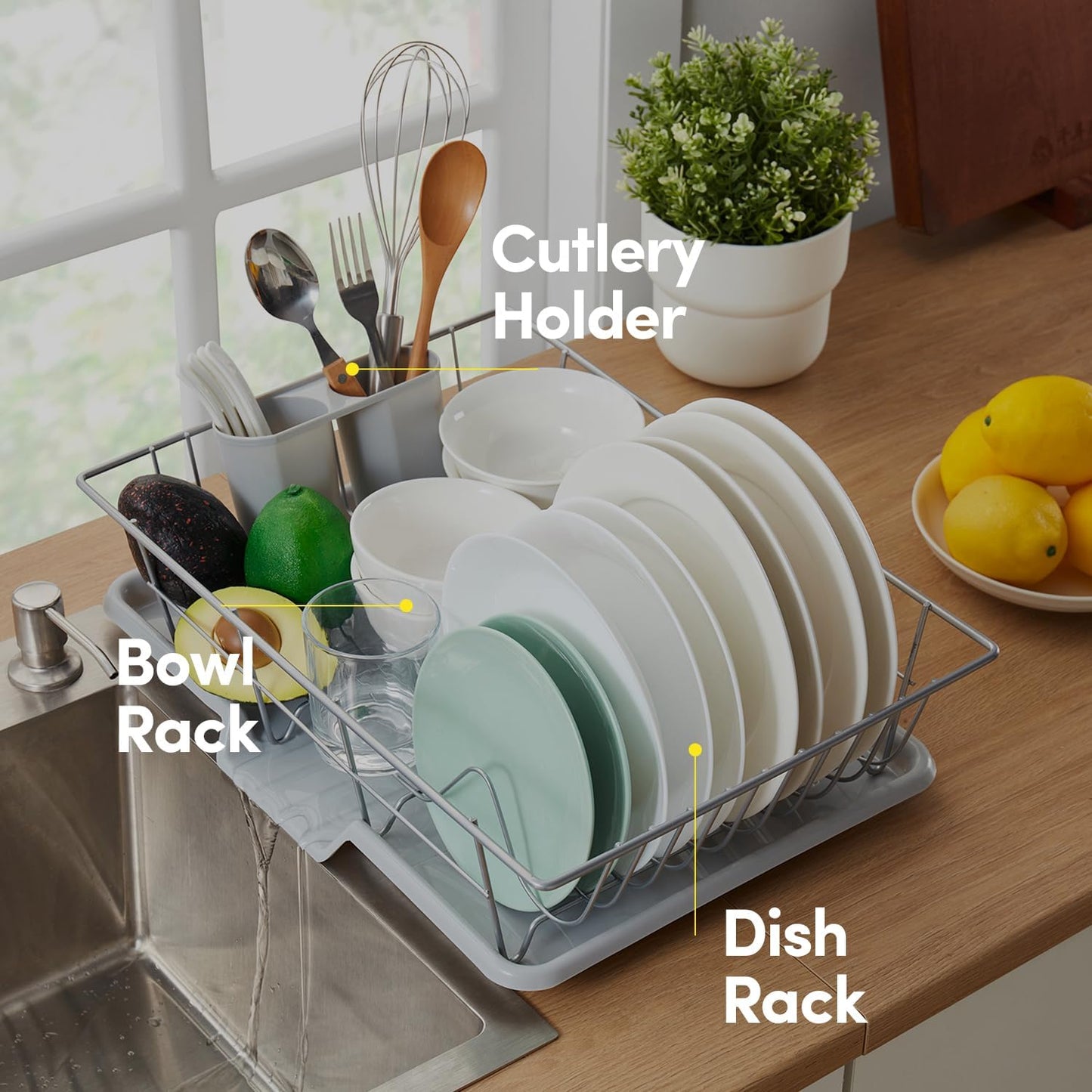 Space-Saving 3-Piece Dish Drainer Rack Set with Cutlery Holder - Maximize Kitchen Countertop Space, Silver