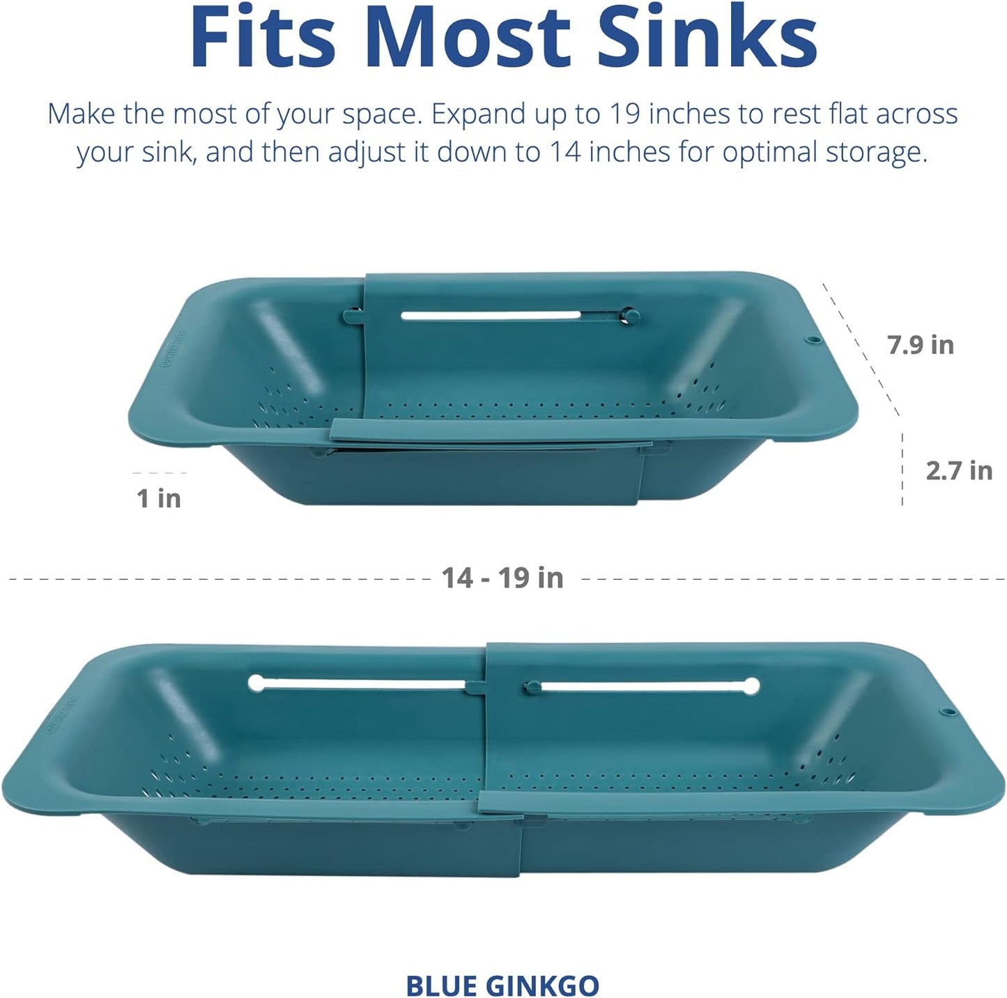 BLUE GINKGO Over the Sink Colander Strainer Basket - Wash Vegetables and Fruits, Drain Cooked Pasta and Dry Dishes - Extendable - New Home Kitchen Essentials (7.9 W x 14.5-19.5 L x 2.75 H) - Teal