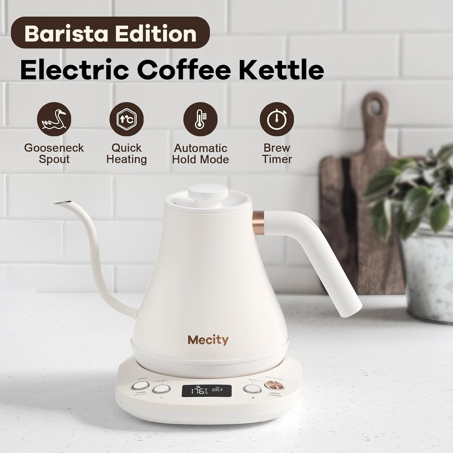 Mecity Electric Gooseneck Kettle With Keep Warm Function & LCD Display Automatic Shut Off Coffee Kettle Temperature Control Pour Over Kettle 1200 Watt, 0.8L, 120V, Off White